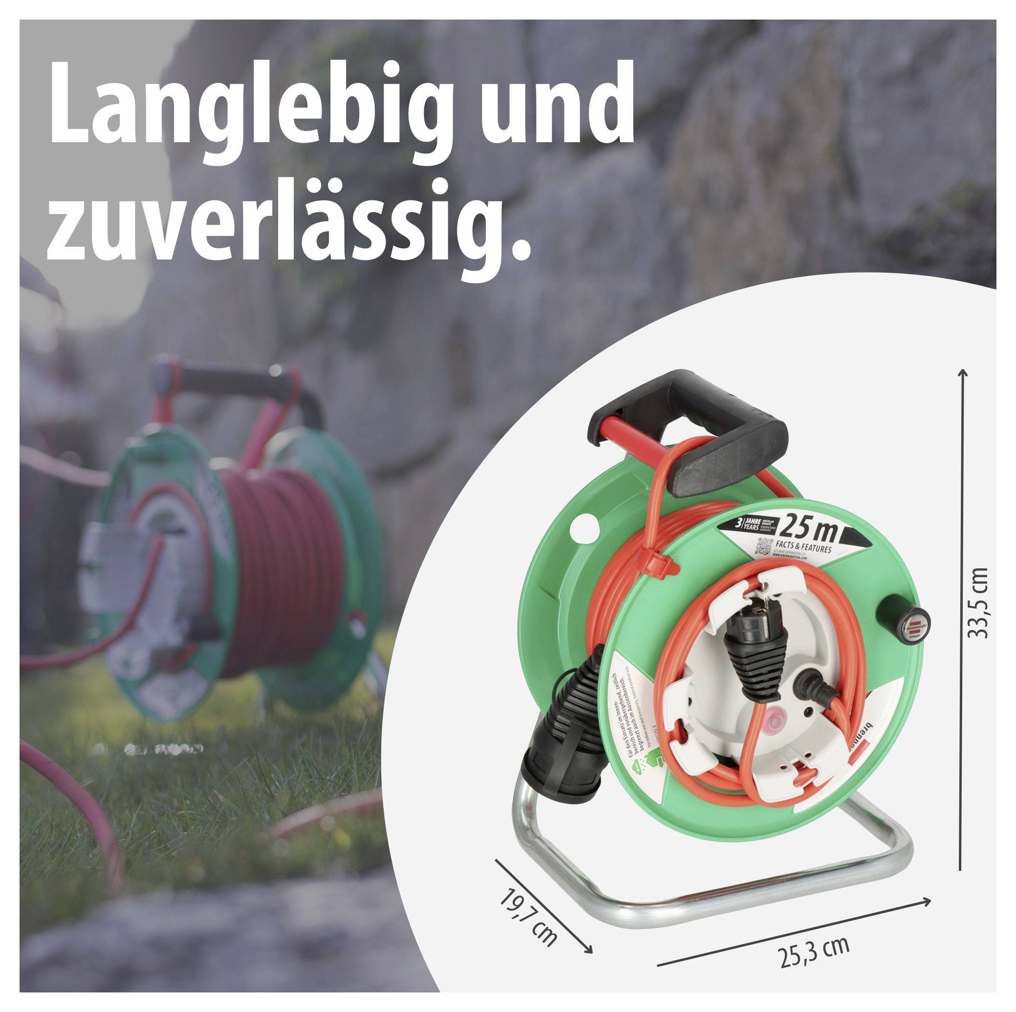Immagine pubblicitaria di un avvolgicavo verde con cavo di 25 m; testo "Durevole e affidabile.", dimensioni 33,5 x 25,3 x 19,7 cm.