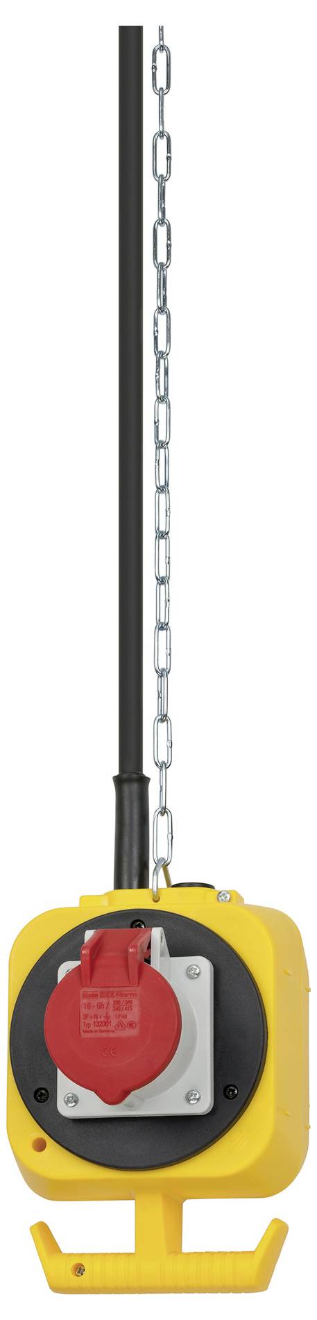 Scatola di connettori elettrici portatile gialla con presa coperta rossa e catena di sospensione, mostrata in posizione verticale su sfondo bianco.