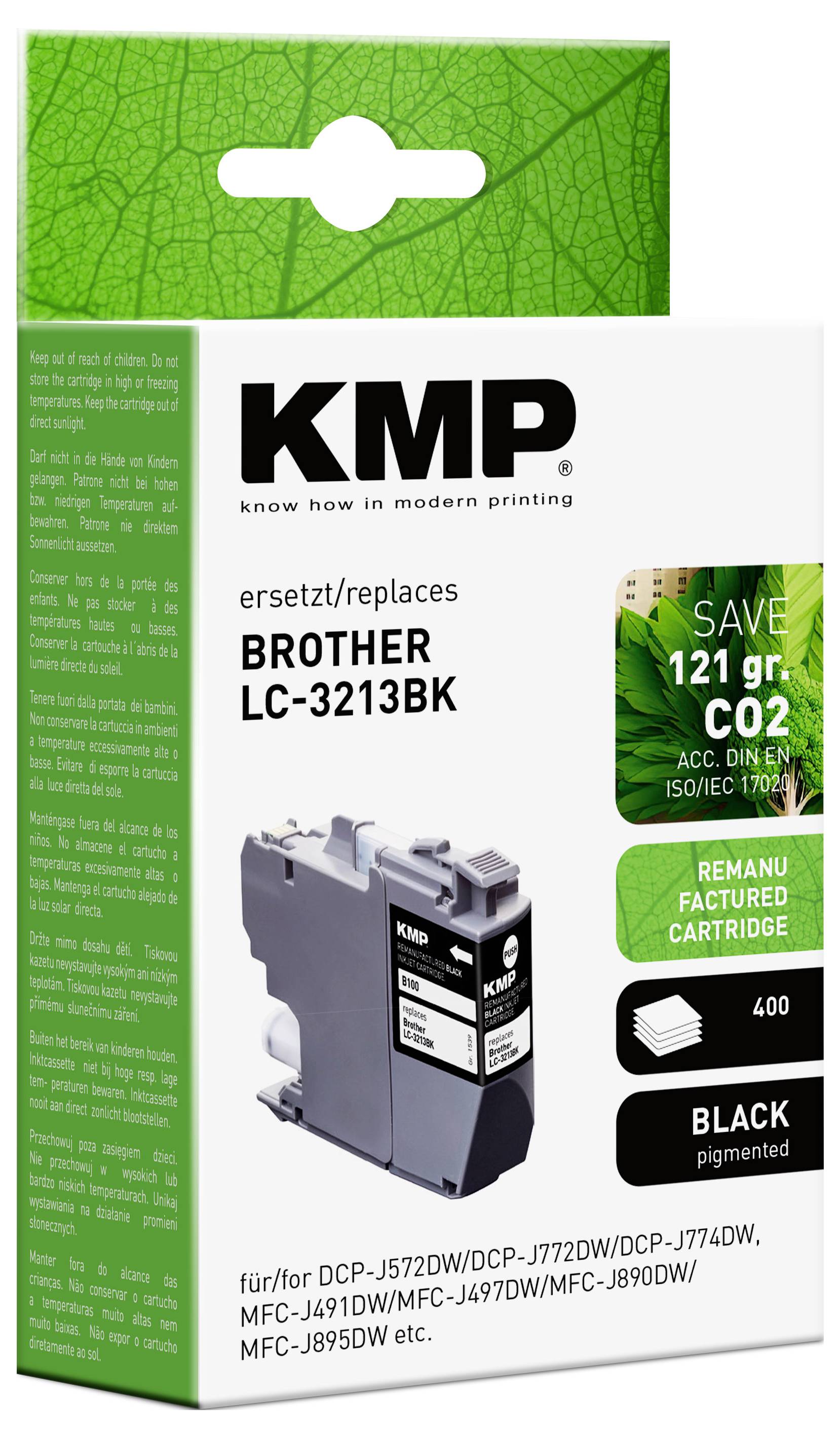 Scatola di una cartuccia d'inchiostro Brother LC-3213BK ricondizionata; riduce le emissioni di CO2 di 121g. Contiene inchiostro nero per stampanti Brother selezionate.