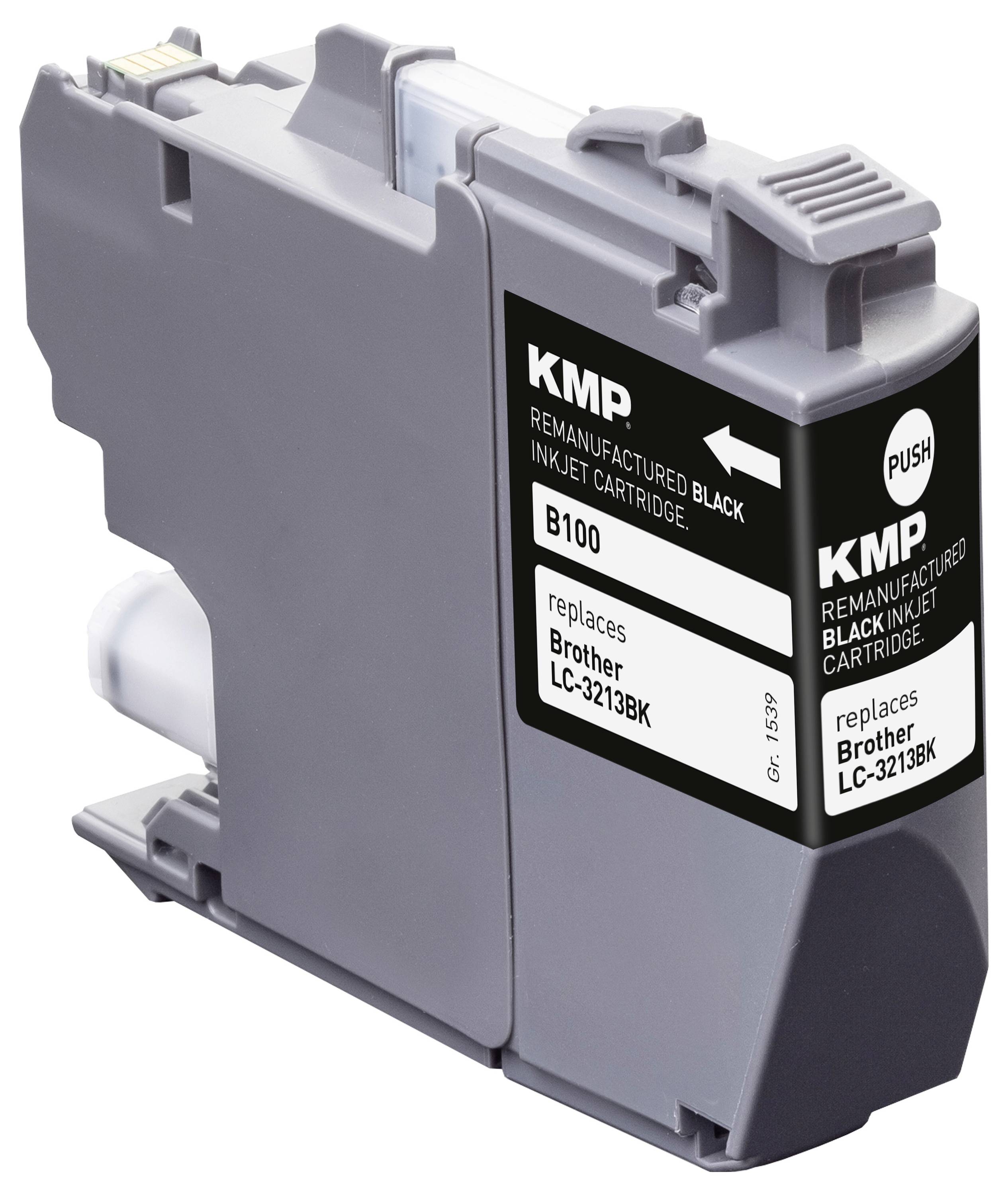Cartuccia d'inchiostro nero etichettata 'KMP', modello 'B100', compatibile con 'Brother LC-3213BK'.