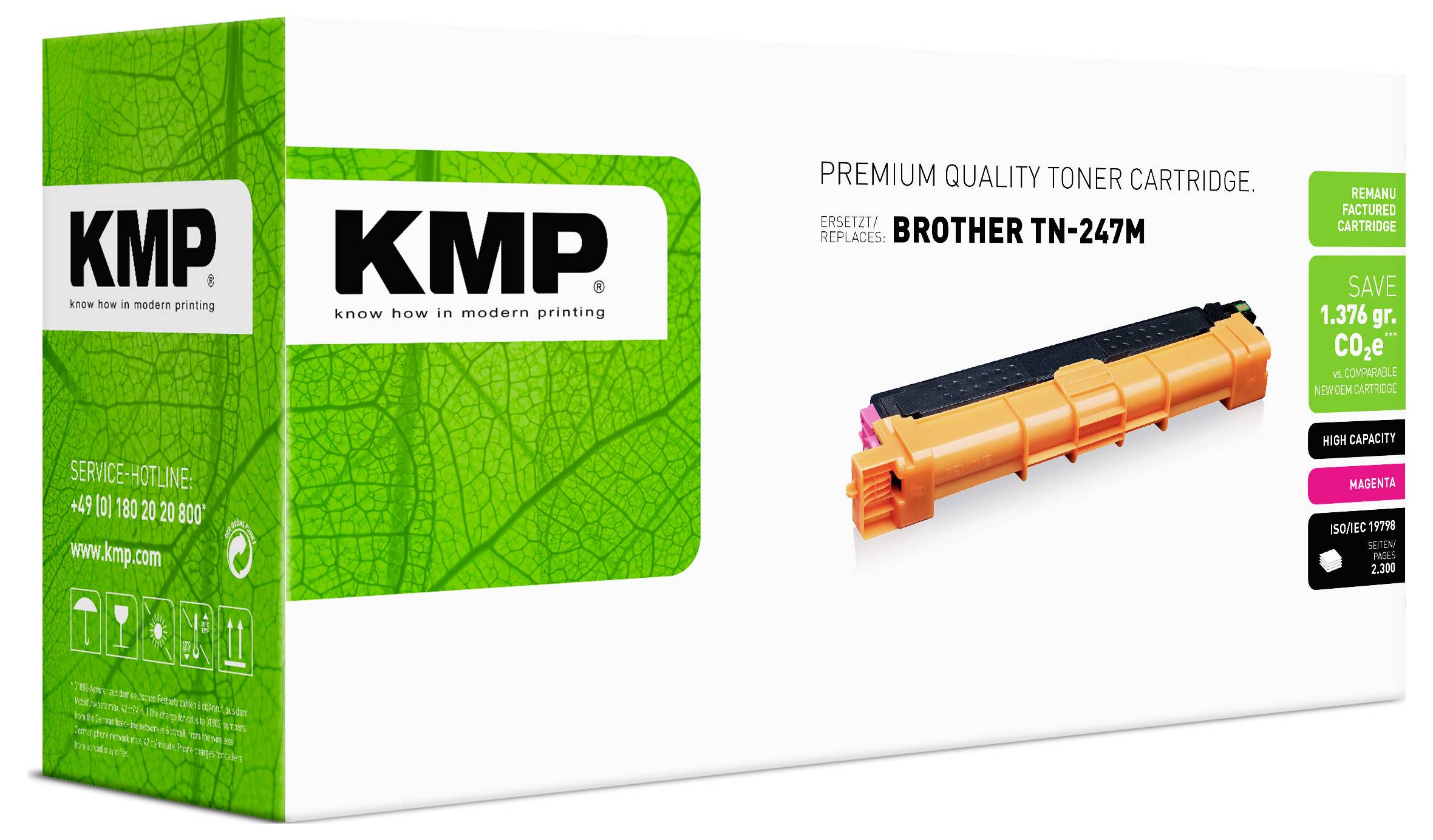 Confezione di cartuccia di toner di qualità premium KMP per Brother TN-247M, mostrata con una cartuccia di toner magenta arancio su una scatola bianca.