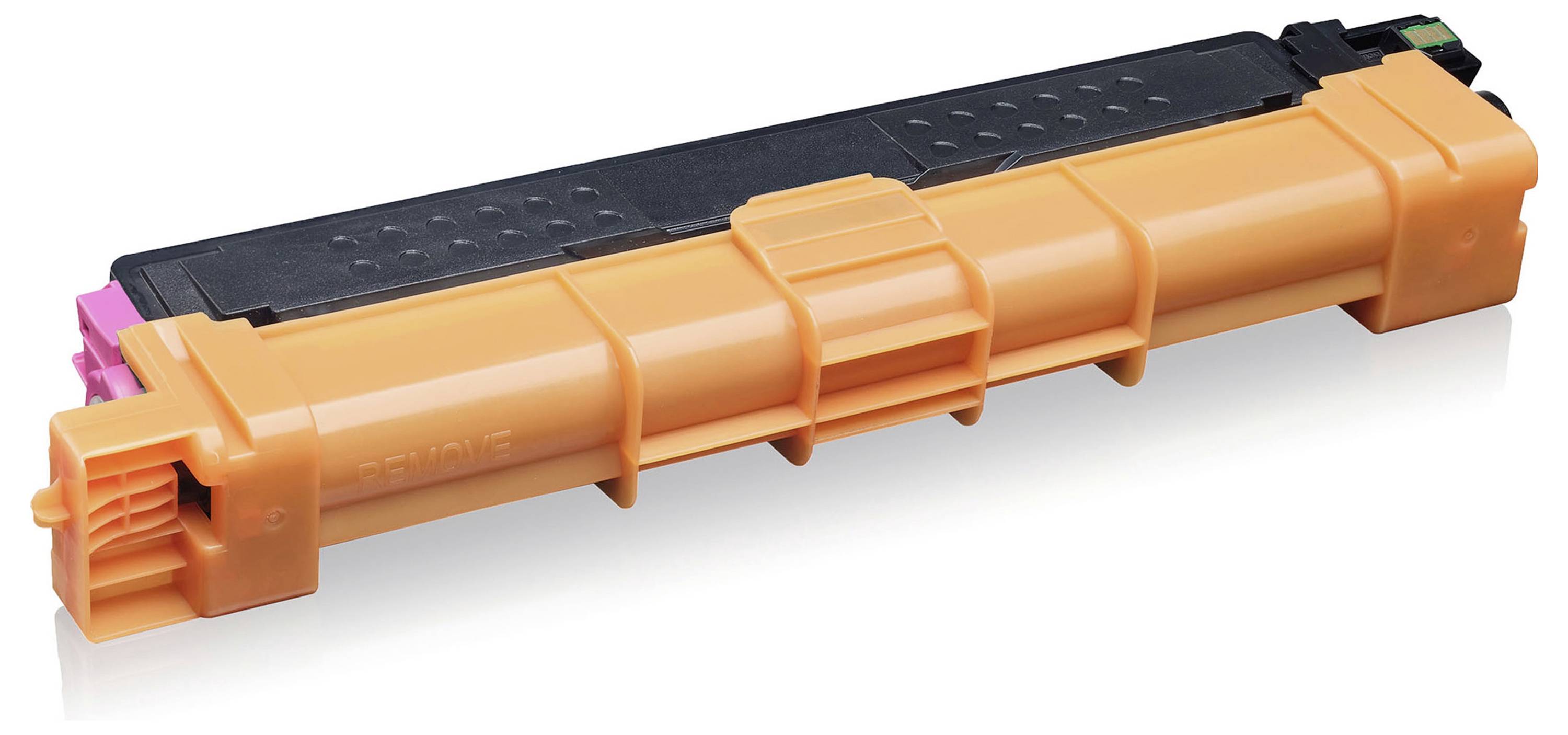Cartuccia di toner per stampante Orange con coperchio nero e tappo finale rosa su uno sfondo bianco