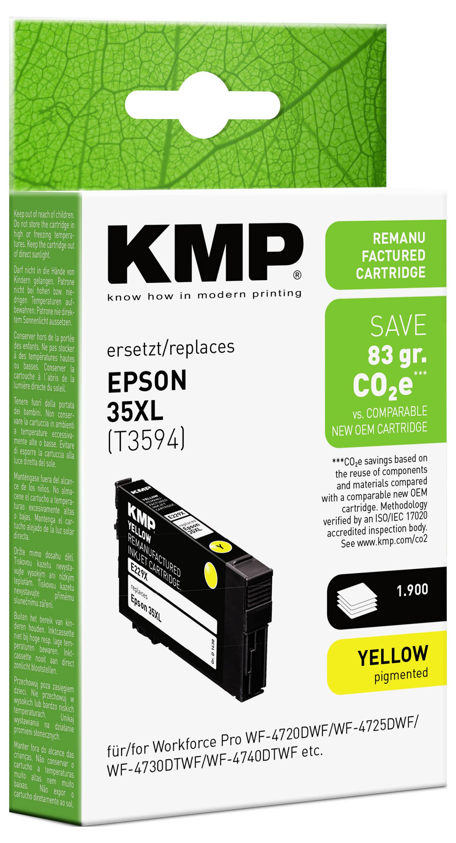 Cartuccia di inchiostro giallo rigenerata KMP compatibile con Epson 35XL (T3594), riduce 83 g di CO2e, compatibile con stampanti della serie WorkForce Pro WF-4720/4730/4740.