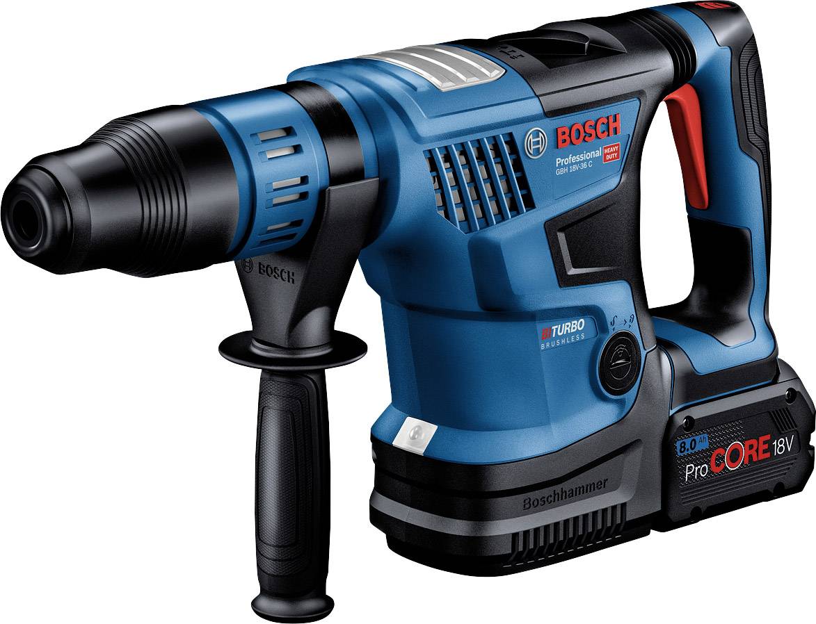 Un martello perforatore a batteria Bosch blu con impugnatura nera, adatto per lavori di foratura pesanti. Il modello è contrassegnato come 'Boschhammer'.