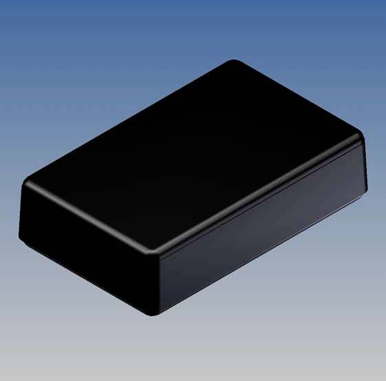 Un piccolo riquadro nero rettangolare su uno sfondo blu. Il riquadro ha una superficie liscia e bordi smussati.