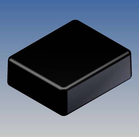 Una scatola nera rettangolare su uno sfondo blu e bianco.