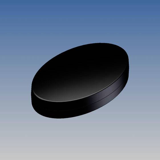 Un oggetto nero, ovale, 3D su sfondo blu.