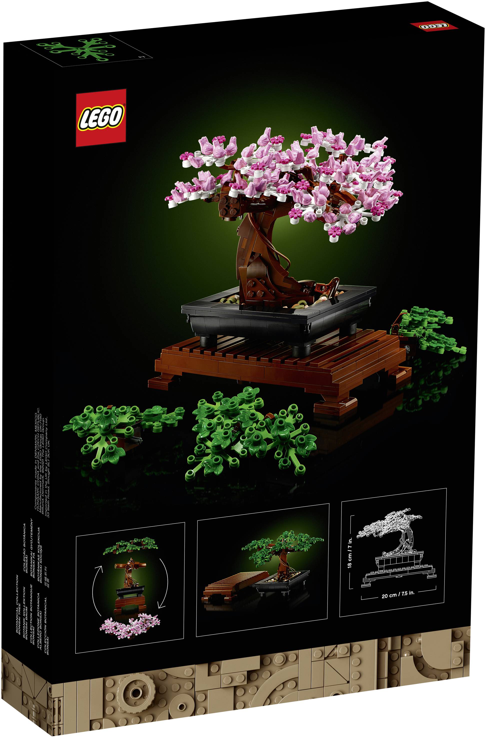 Set LEGO con albero bonsai, fiori rosa su sfondo verde scuro. La confezione mostra dettagli dell'albero e istruzioni di assemblaggio.