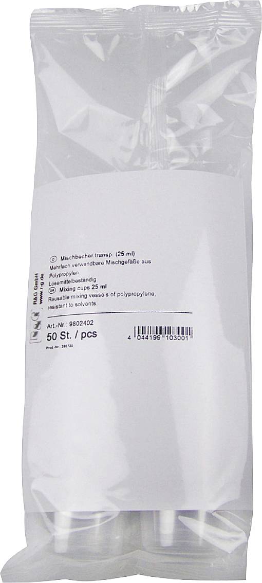 Un imballaggio trasparente in plastica contenente 50 bicchierini monouso bianchi da 25 ml. Confezione con informazioni sul prodotto e sulle dimensioni.