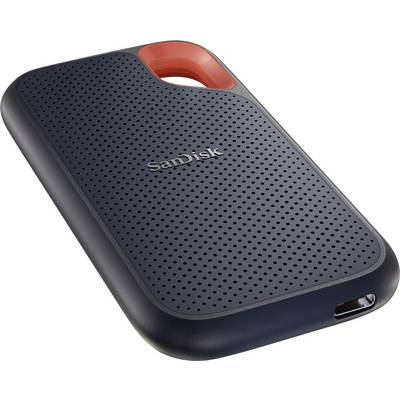 SSD esterno SanDisk con superficie grigia e accento arancione.