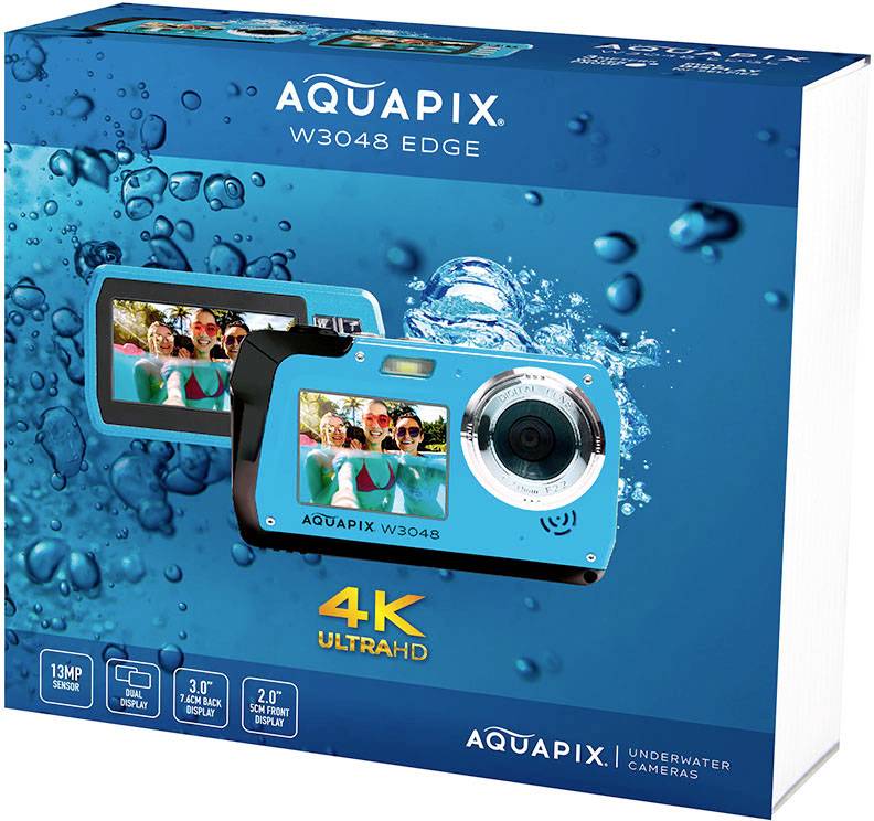 Fotocamera subacquea 'AQUAPIX W3048 EDGE' in Blu. Risoluzione 13 MP, schermo da 3,0 pollici, 4K Ultra HD. Confezione che mostra l'immagine della fotocamera.