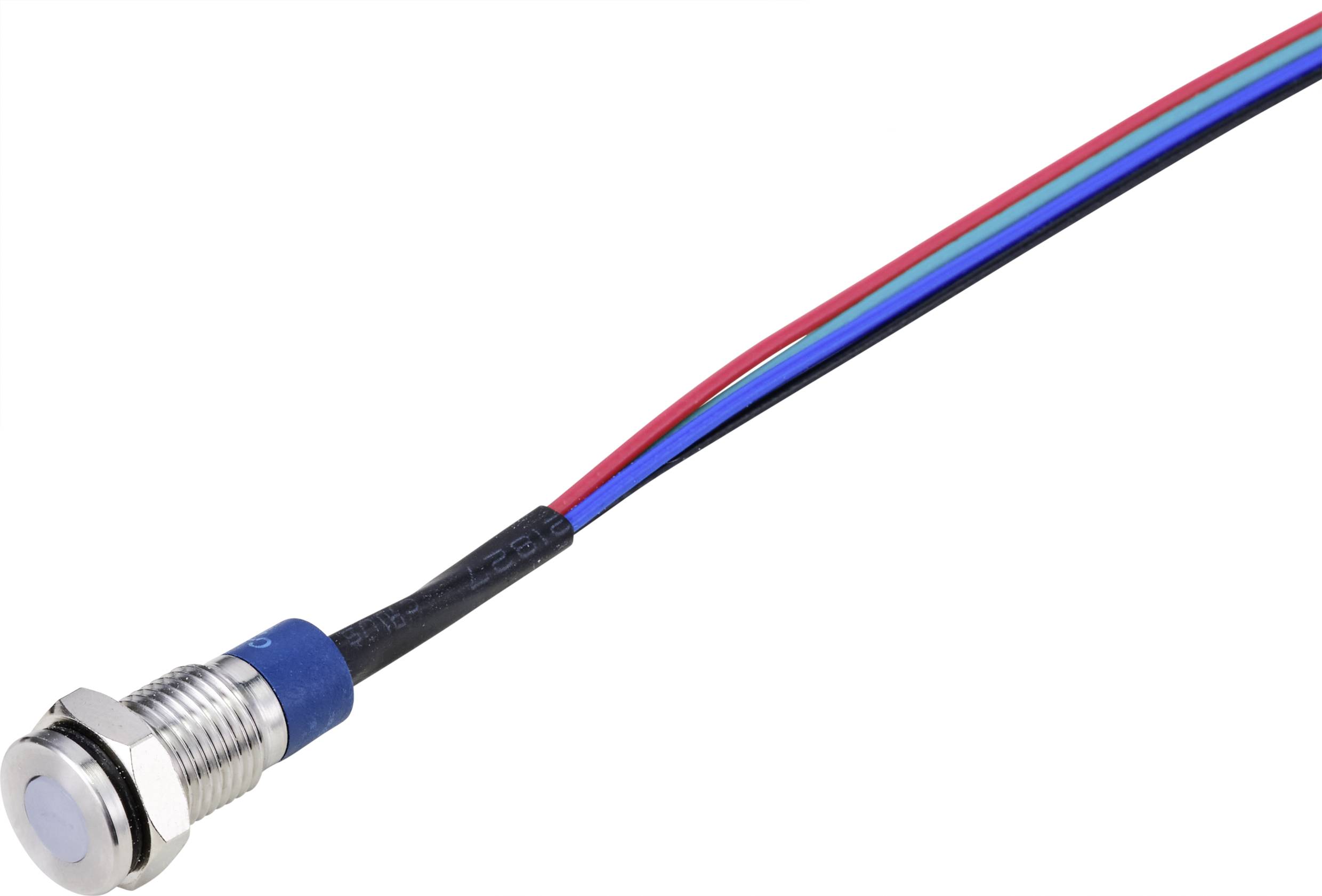 Un piccolo pulsante LED rotondo con involucro in metallo e tre cavi collegati nei colori rosso, blu e nero.