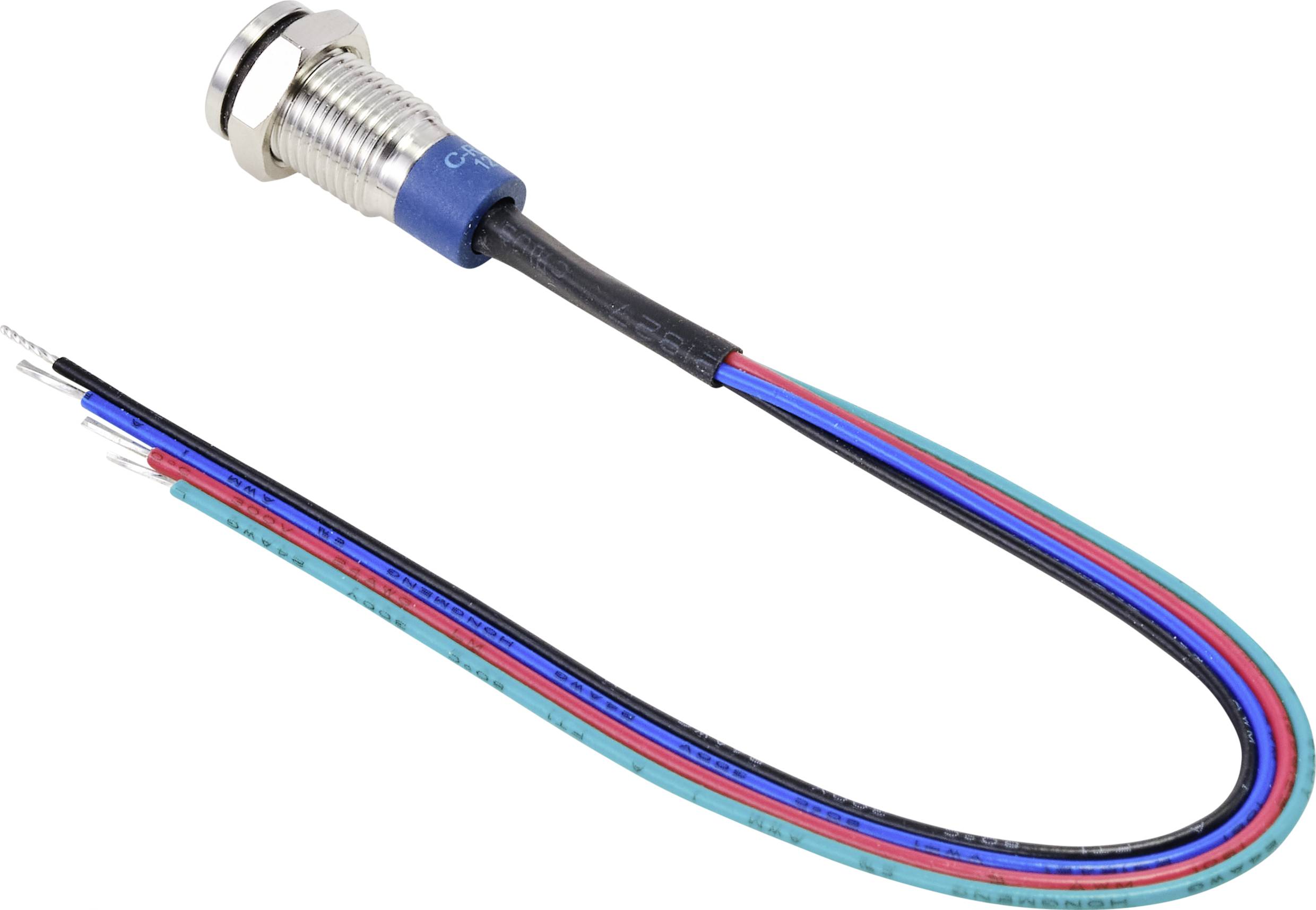 Interruttore metallico con cavo rosso, blu e nero per il collegamento elettrico.