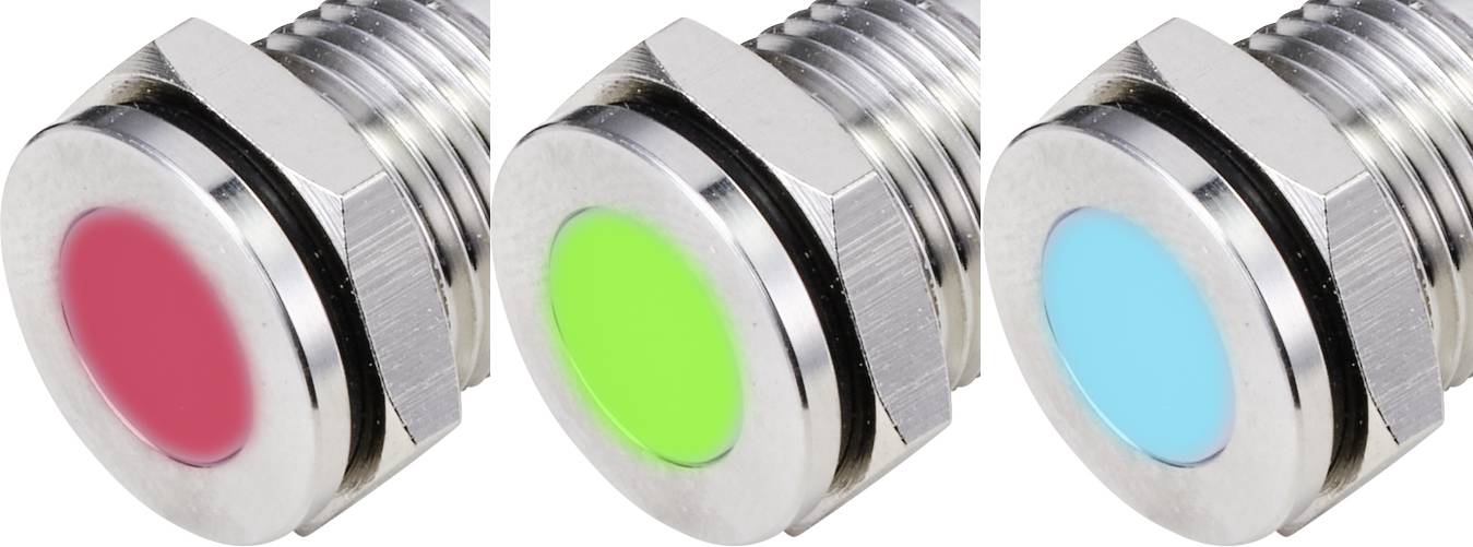 Tre pulsanti rotondi disposti in fila, ciascuno con parte centrale illuminata rispettivamente in rosso, verde e blu, montati in un involucro color argento.