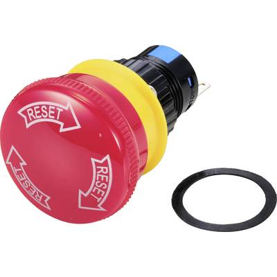 Pulsante rotondo rosso con frecce 'Reset' e base gialla, accanto a un anello di tenuta nero.