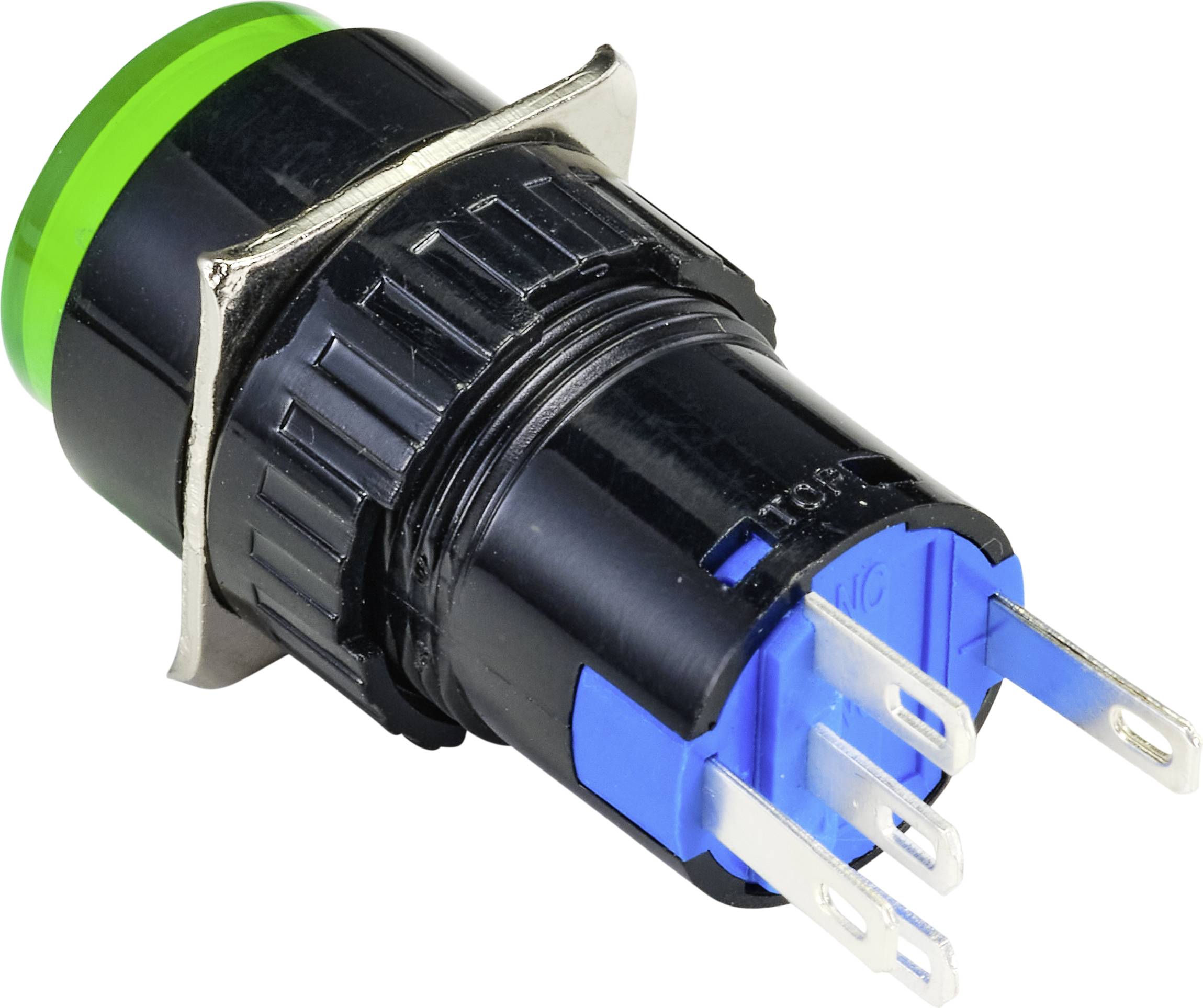 Tasto verde con bordo metallico e multiple porte di connessione sul retro, adatto per circuiti elettrici.