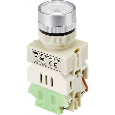 Un pulsante bianco della TRU COMPONENTS, modello Y090, idoneo fino a 250V AC, con marcatura CE, montato su un supporto verde.