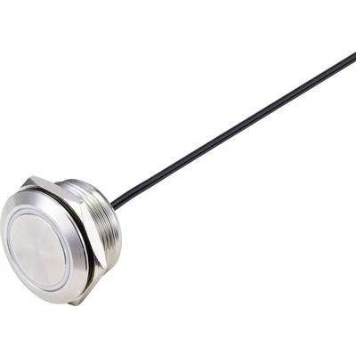 Un pulsante rotondo in metallo con filettatura, collegato a un cavo nero.