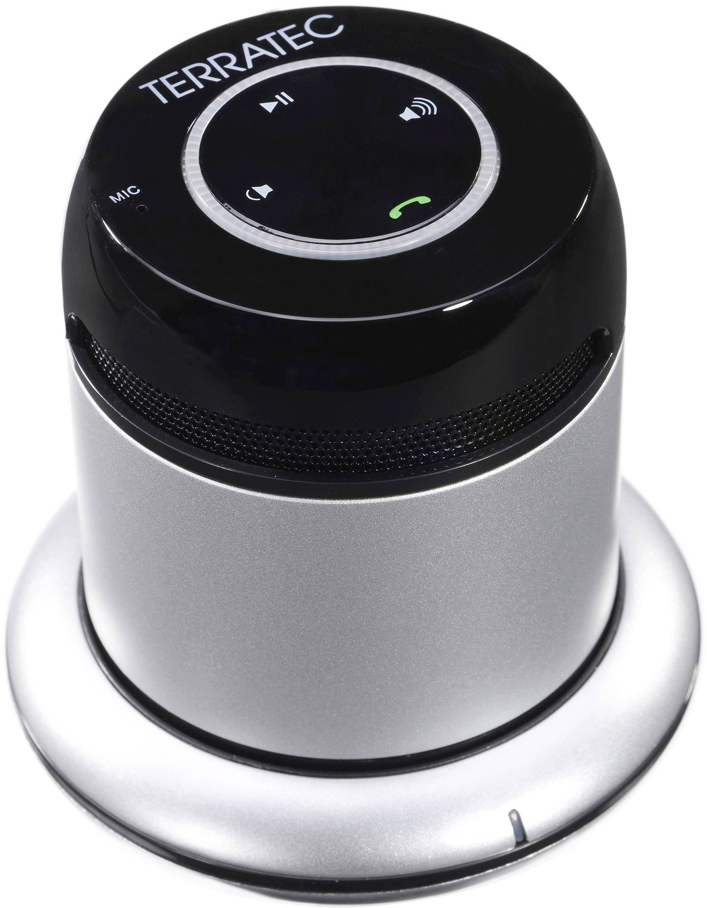 Un altoparlante cilindrico argentato con una parte superiore nera. Sulla superficie sono presenti simboli per il volume, il microfono e le chiamate.