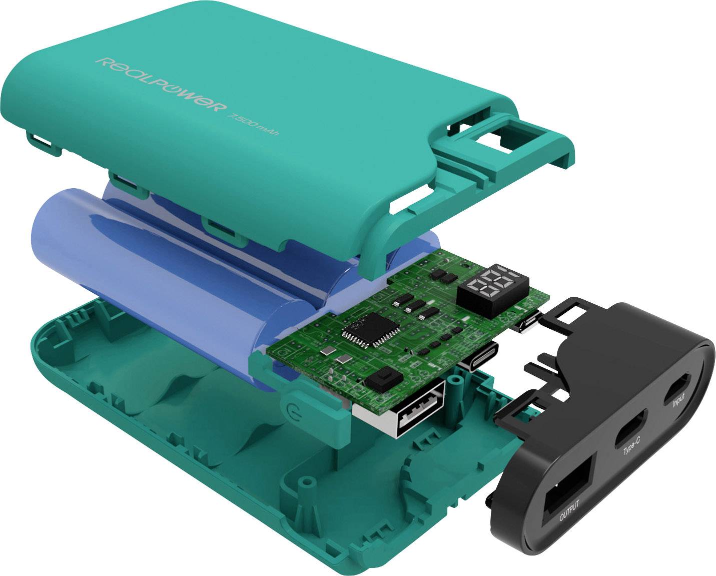 Vista esplosa di un caricabatterie portatile. Mostra l'involucro, le celle della batteria, il circuito stampato e i connettori.