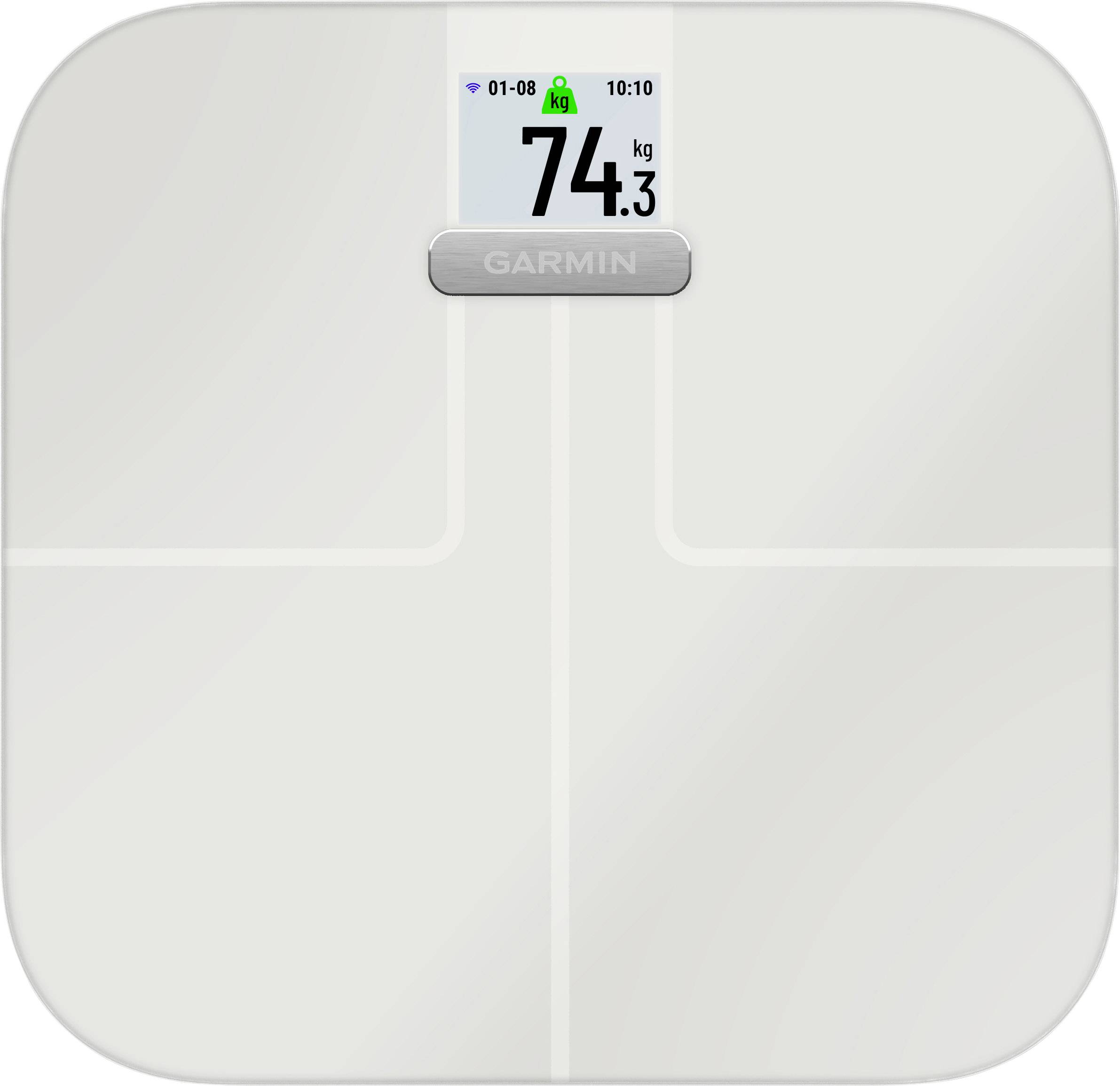 Una bilancia digitale con display che mostra '74,3 kg' sullo schermo in alto. Nome del marchio 'Garmin' visibile sotto il display.