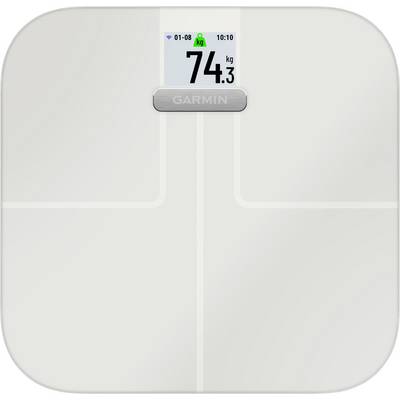 Una bilancia digitale con display che mostra '74,3 kg' sullo schermo in alto. Nome del marchio 'Garmin' visibile sotto il display.