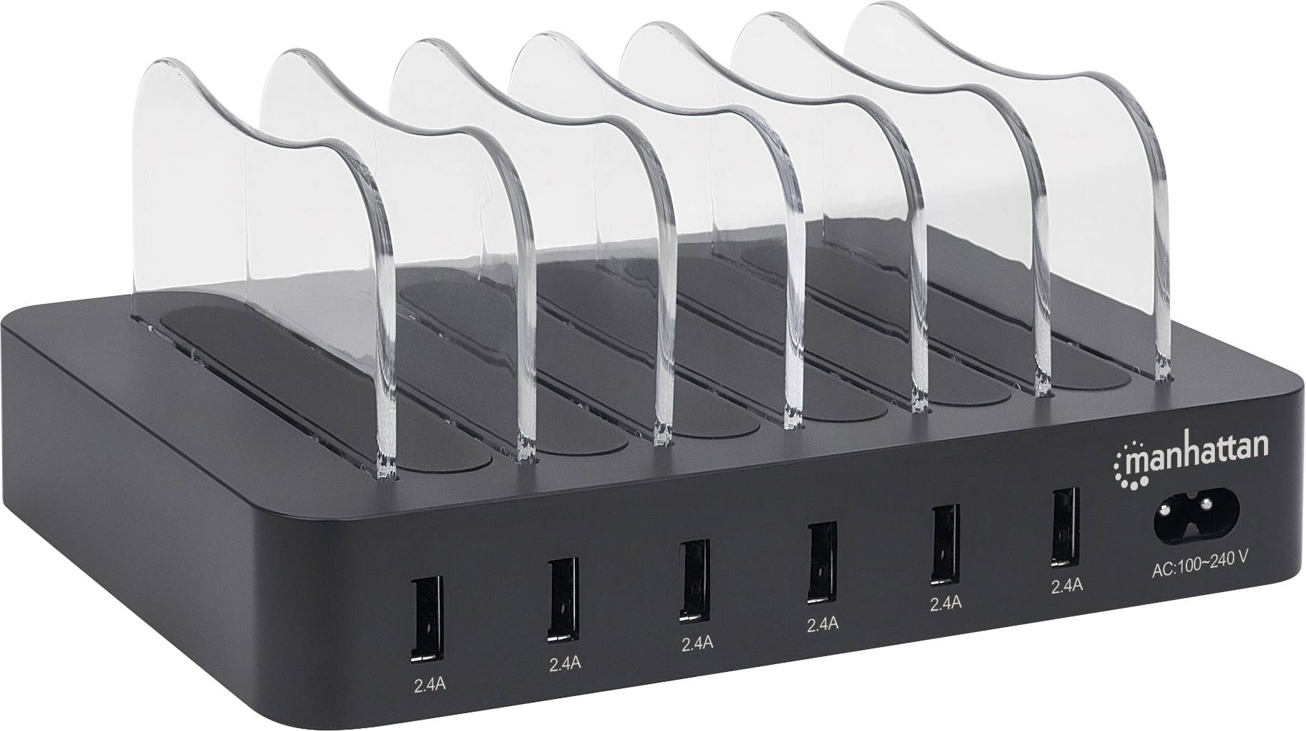 Stazione di ricarica con sei supporti trasparenti e cinque porte USB, idonea per la ricarica simultanea di più dispositivi.