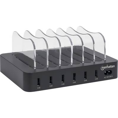 Stazione di ricarica con sei supporti trasparenti e cinque porte USB, idonea per la ricarica simultanea di più dispositivi.