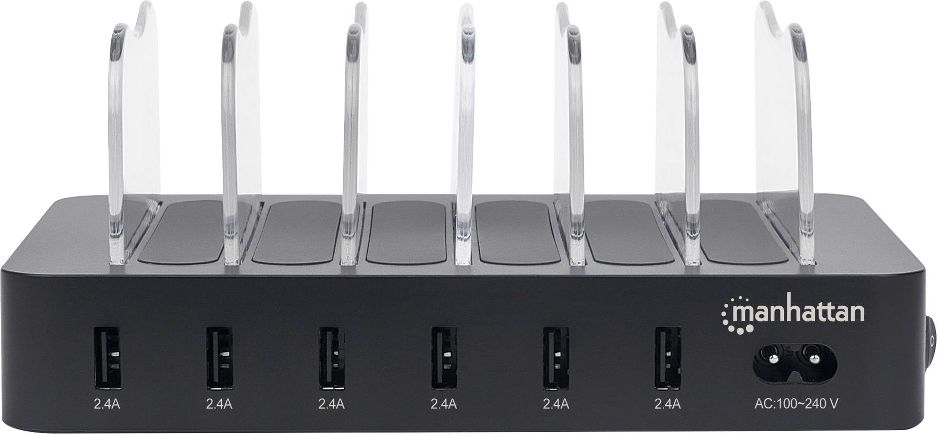 Stazione di ricarica USB multipla con otto slot di carica e sei porte USB, idonea per caricare contemporaneamente più dispositivi.