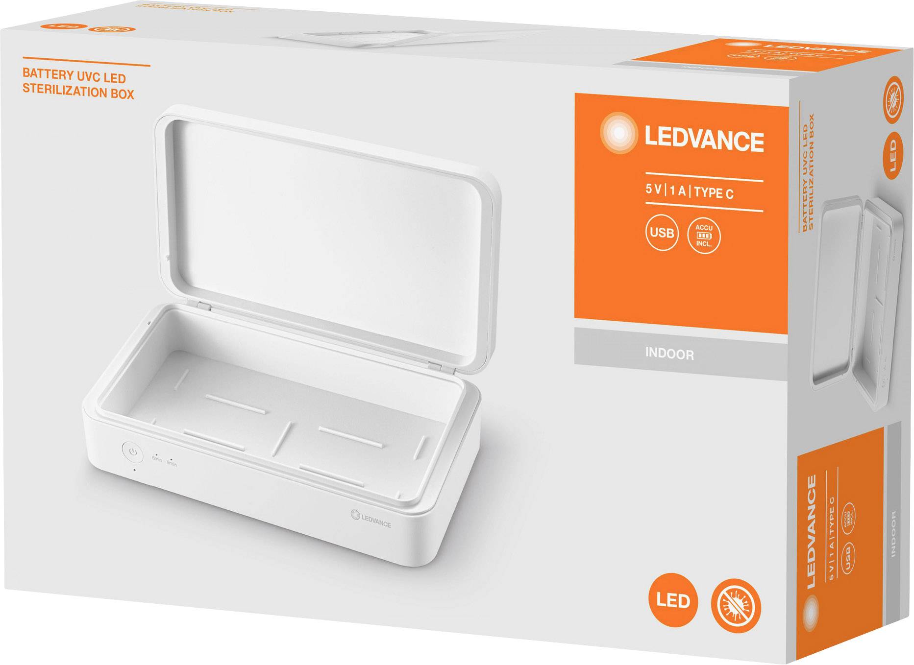 'LEDVANCE Scatola di sterilizzazione UVC LED con connettore di tipo C, alimentata a batteria per uso interno. Confezione arancione e bianca.'