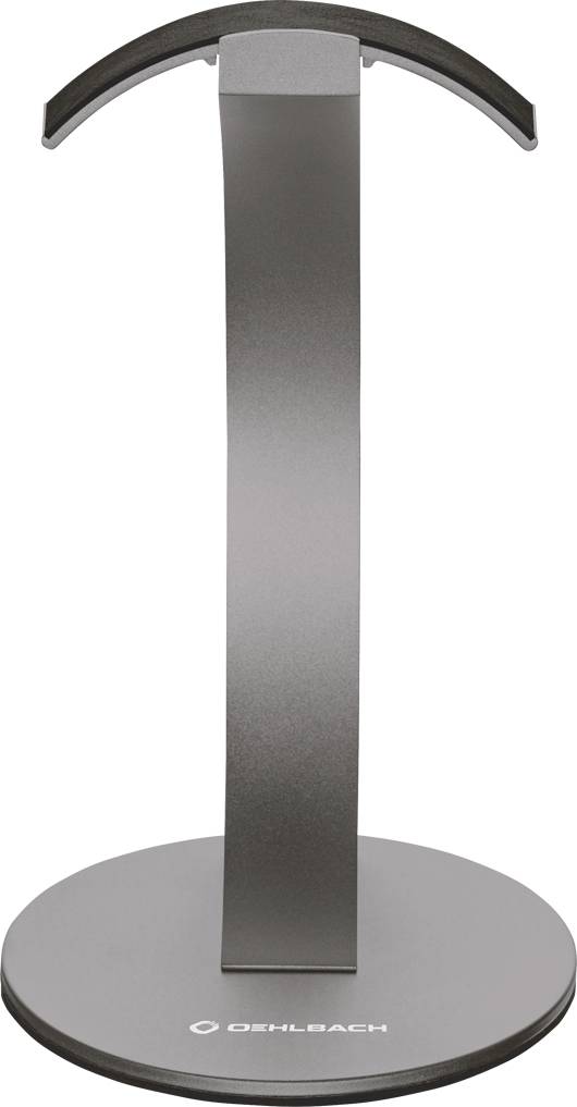 Un supporto per cuffie grigio con base rotonda e braccio curvo.