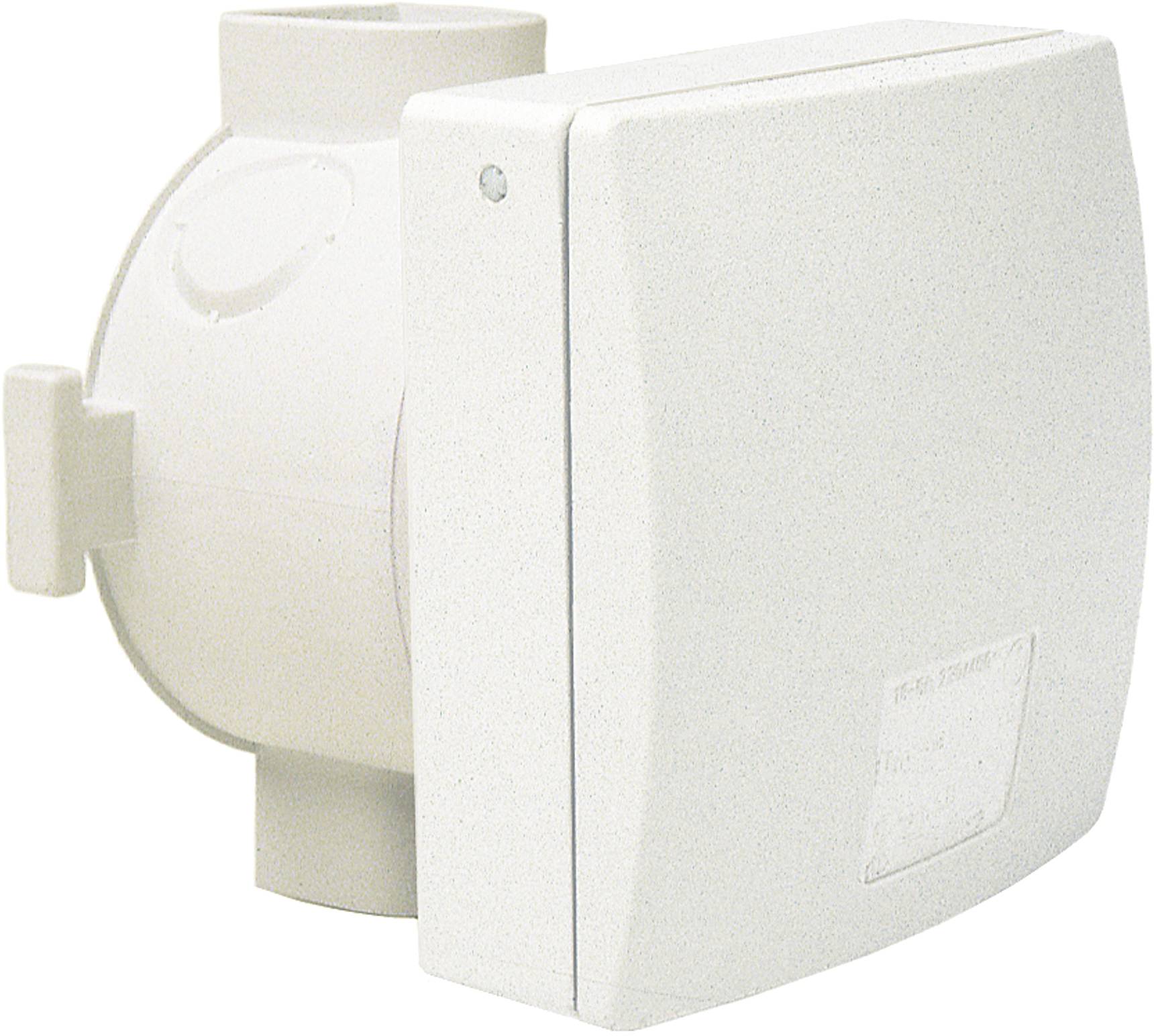 Un ventilatore da parete bianco con custodia quadrata, probabilmente idoneo per la ventilazione di ambienti interni.