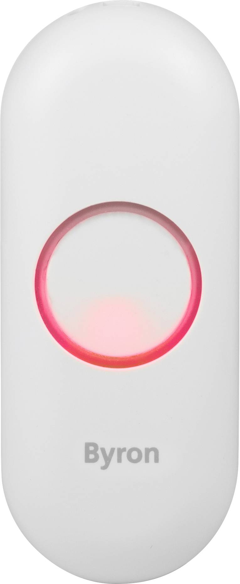 Un pulsante campanello bianco ovale con un anello luminoso rosso e la scritta 'Byron' sotto.