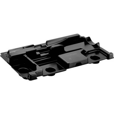 Vassoio hardware in plastica stampata nera o piastra di montaggio con vani incassati e fori circolari, mostrato su sfondo bianco.
