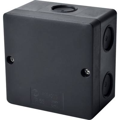 Presa elettrica nera con superficie liscia e fissaggi a vite, idonea per connessioni di cavi.