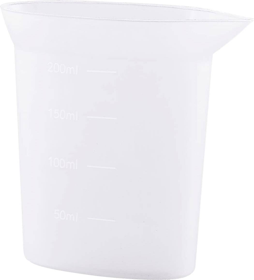 Un misurino trasparente con marcature a 50 ml, 100 ml, 150 ml e 200 ml sul lato per la misurazione dei liquidi.