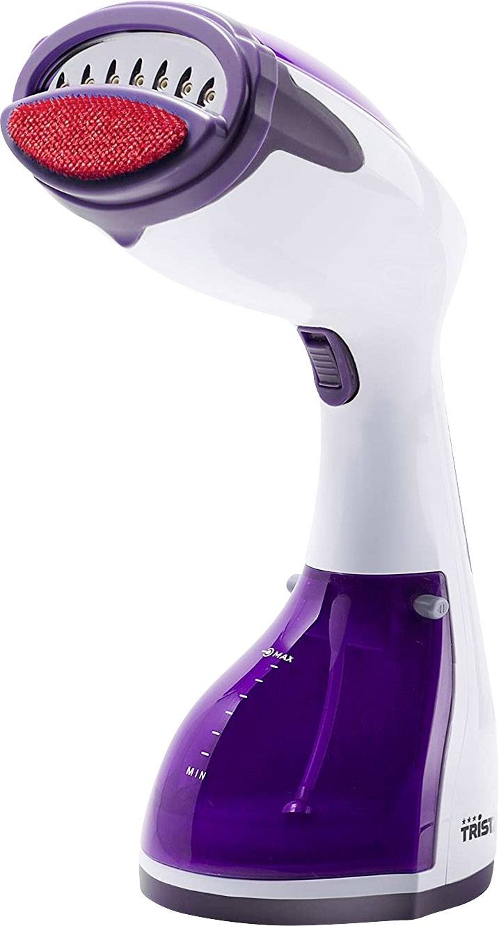 Stiratrice a vapore in bianco e viola, con testa di vapore inclinata illuminata di rosso. Include impugnatura e serbatoio dell'acqua trasparente con indicatore di livello.