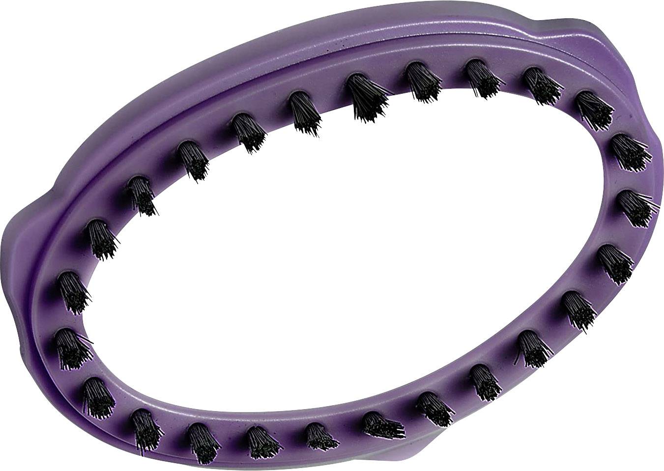 Un pettine ovale lilla con setole nere, adatto per la cura del pelo degli animali. Il pettine ha una forma ergonomica per una presa migliore.