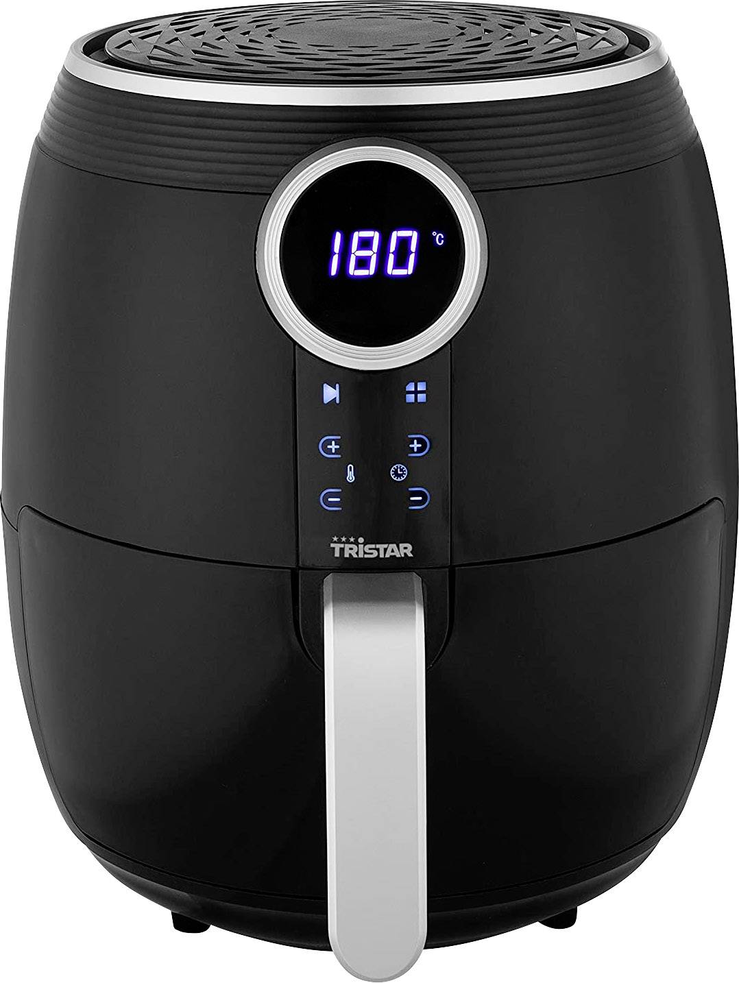 Friggitrice ad aria calda nera con display digitale che mostra '180 °C'. Pannello di controllo con simboli per la regolazione di temperatura e tempo.