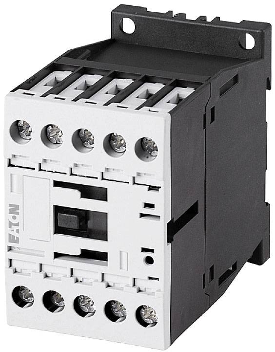 Un contattore elettrico bianco e nero con più morsetti, utilizzato nei circuiti elettrici per il controllo di carichi elevati.