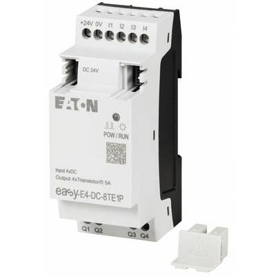 Un modulo logico Eaton Easy-E4-DC-8TE1P con più connettori sulla parte superiore. La parte anteriore mostra i dettagli di input e il codice QR.