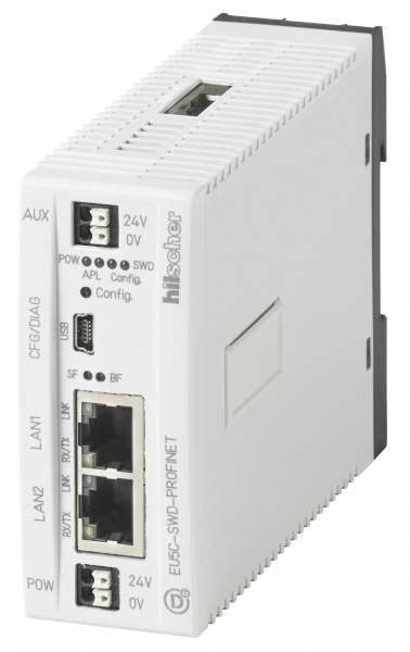 Un modulo di comunicazione industriale bianco con molteplici porte di connessione e spie LED per il monitoraggio e la configurazione del sistema.