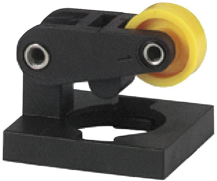 Un componente nero con una ruota gialla, montato su una base quadrata. Sembra far parte di un sistema meccanico.