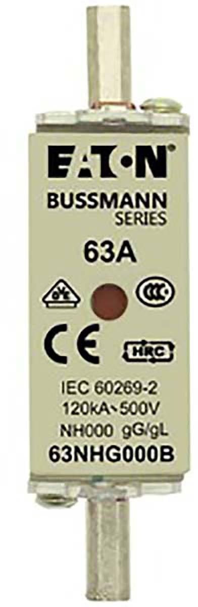 'Fusibile 63A di EATON, Serie Bussmann, NH000, 500V, IEC 60269-2. Simboli per marchio CE e specifiche elettriche.'