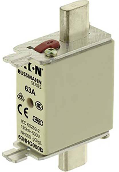 Un dispositivo di sicurezza NH della marca 'Eaton' con la designazione 'NH00', dimensionato per 63A, mostra una superficie metallica argentata e marcature che ne specificano le caratteristiche.
