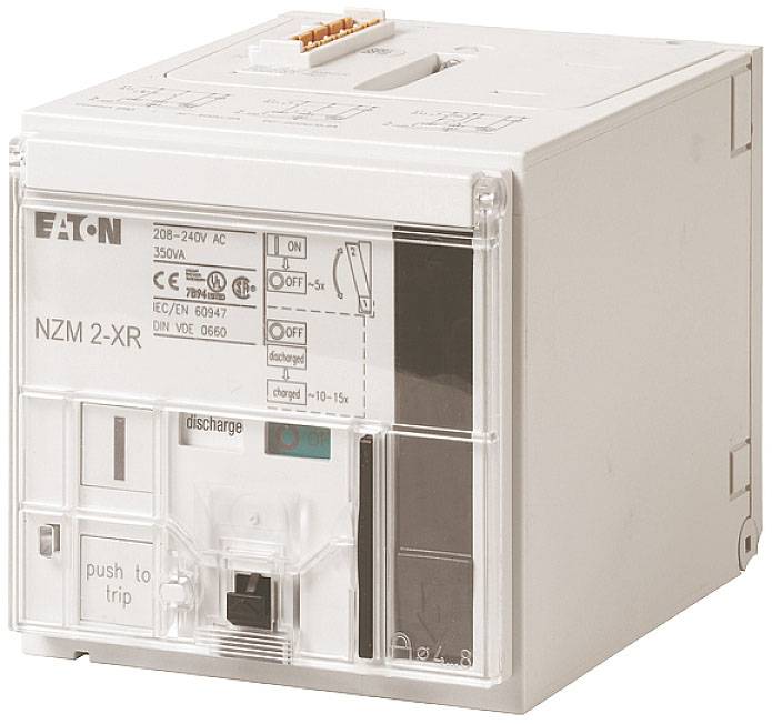 Interruttore 'NZM 2-XR' di EATON, idoneo per 208-240V AC, 50/60Hz, con interruttori per l'accensione, lo spegnimento e lo scarico.