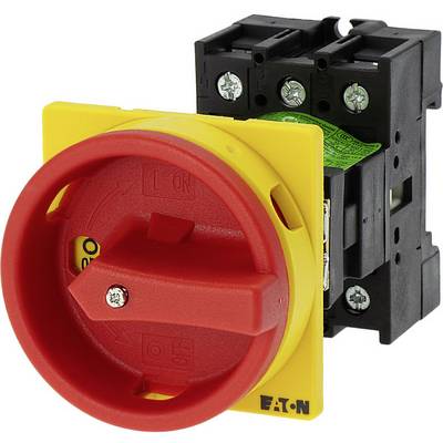 Un interruttore principale rosso su un piedistallo giallo con alloggiamento nero, di Eaton, per applicazioni industriali finalizzate alla protezione di apparecchiature elettriche.