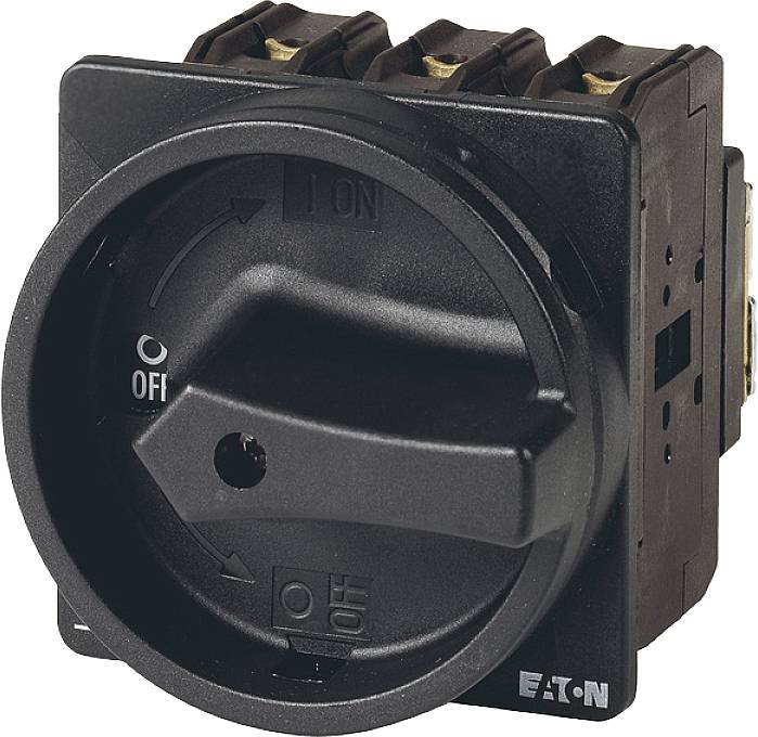 Interruttore rotativo in posizione 'I ON', con scritta 'O OFF' e frecce per l'indicazione della direzione. Involucro con logo del marchio.