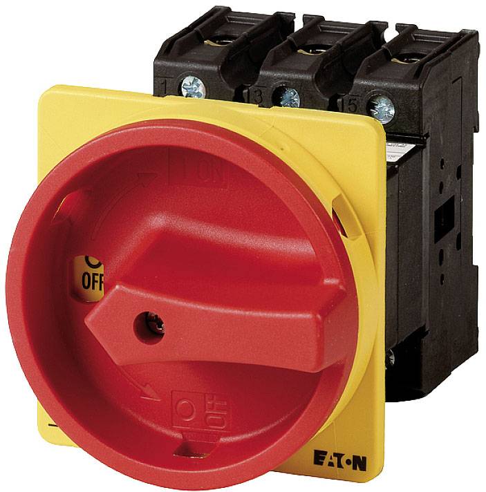 Un interruttore principale rosso con cornice gialla di Eaton, che indica l'impostazione "OFF".