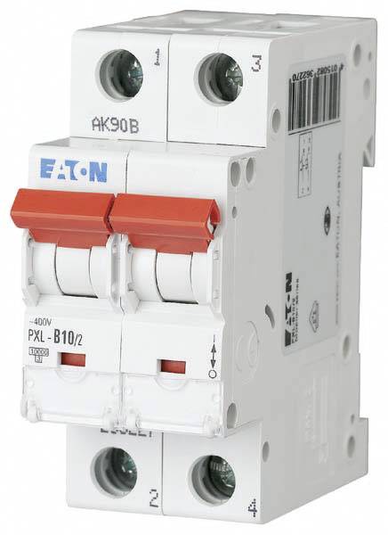 Un interruttore magnetotermico bianco a due poli di Eaton con pulsanti rossi e etichetta 'PXL - B10/2'.
